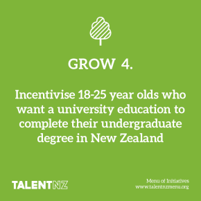 TalentNZ: Menu of Initiatives – Grow 4. Incentivise 18-25 year olds who want a university education to complete their undergraduate degree in New Zealand