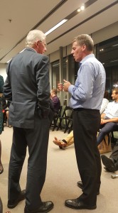 Hon Sir Michael Cullen and Hon Bill English talk after the Q&A session